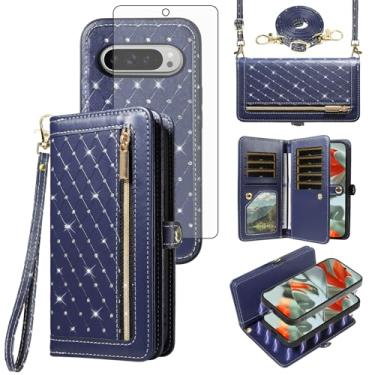 Imagem de Asuwish Capa de telefone para Google Pixel 9 Pro XL carteira com zíper destacável capa celular protetor de tela de vidro temperado alça transversal flip bling titular cartão de crédito Pixel9 9Pro