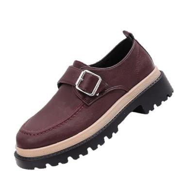 Imagem de Tênis feminino versátil legal e grosso com fivela de cinto de cabeça redonda casual cor sólida plus size estilo britânico pequeno sapatos de couro, Vinho vinho, 36 BR