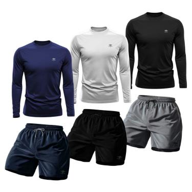 Imagem de Kit 3 Camisetas Dry Manga Longa Proteção Uv E Short Mauricinho Academia Verão Praia Básico-Masculino