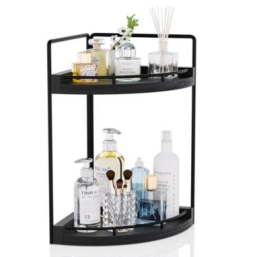 Imagem de CeleVista Organizador de balcão de banheiro de canto, armazenamento de madeira de 2 camadas, prateleira impermeável para cuidados com a pele para decoração de cozinha e artigos de higiene pessoal