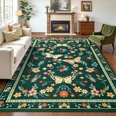 Imagem de Tepook Tapetes de área de impressão 20 x 25 cm para sala de estar, tapete floral de borboleta antiderrapante lavável para quarto, tapetes modernos de pilha baixa com suporte de borracha para sala de