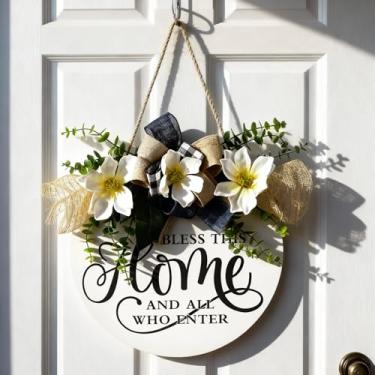 Imagem de Kathfly Placa de boas-vindas para a porta da frente Bless This Home and All Who Enter Placa redonda de 30 cm Jesus Cristão Guirlanda de madeira rústica para decoração de parede presente para casa de
