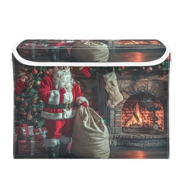 Imagem de SEHANY Linda caixa de armazenamento de Papai Noel de Natal com tampas e alças, organizador de cestas de armazenamento de tecido dobrável, caixas de armazenamento de cubos grandes para roupas, cobertor