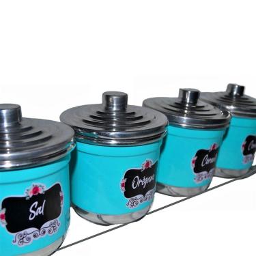 Imagem de Porta Condimentos Tempero Organizador 4 Potes Alumínio Azul