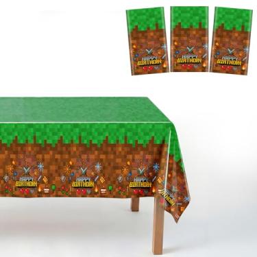 Imagem de Toalha de mesa Pixel para decoração de festa de aniversário com tema de jogo, 137 x 274 cm, capa de mesa de plástico de mineração exclusiva para suprimentos de festa, capas de mesa verdes à prova