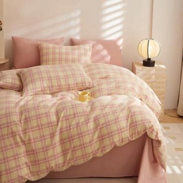 Imagem de HighBuy Jogo de cama com estampa de guingão rosa blush, solteiro, GG, xadrez, fofo, com 2 fronhas, para meninas adolescentes, estampa geométrica, de luxo, macio