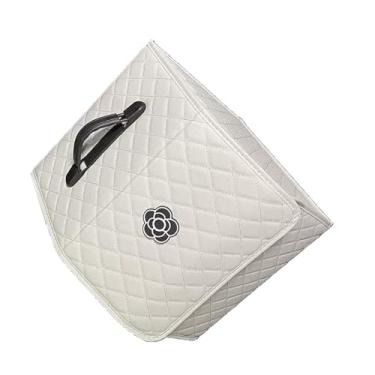 Imagem de Keenso Caixa de Armazenamento, Organizador de Armazenamento de Porta-malas de Carro Com Tampa, Caixa de Couro PU de Grande Capacidade Com Alças, Padrão Elegante de Camélia (Branco – Pequeno)