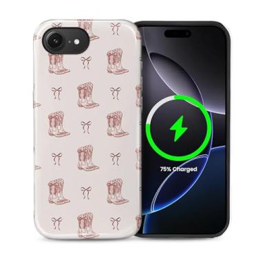 Imagem de casesok Capa para iPhone 16e, compatível com MagSafe, capa rígida de camada dupla + capa de silicone, proteção total à prova de choque, capa para iPhone 16e-Western Red Cowboy Boots Ribbon