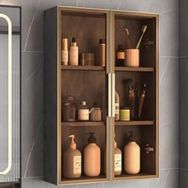 Imagem de Armário de armazenamento montado na parede com portas de vidro - Organizador de banheiro e cozinha de madeira maciça, rack de armazenamento de vaso sanitário estreito com espelho, design elegante e
