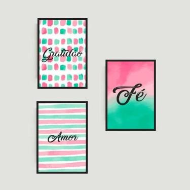 Imagem de Kit 3 Quadros Gratidão, Amor, Fé Rosa/Verde 45X34 Preta