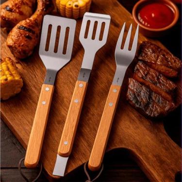 Imagem de Kit Para Churrasco Em Madeira E Aço Inox Com Espátula, Pegador e Garfo