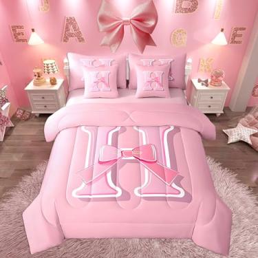Imagem de jejeloiu Conjunto de cama com laço sonhador, tamanho solteiro, decoração feminina romântica ultramacia, letra H, conjunto de 7 peças, presente de cama personalizado para meninas adolescentes em uma