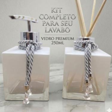 Imagem de Kit Lavabo Vidro 250Ml Branco Porta Sabonete Válvula Luxo e Difusor Va