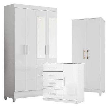 Imagem de Guarda Roupa com Espelho Infantil Madri com Cômoda Vênus e Armário Multiuso Jade Branco Brilho – Moval