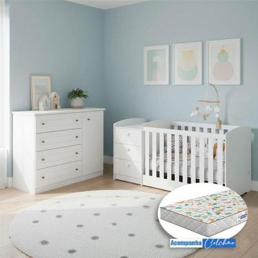 Imagem de Berço Multifuncional Atlanta e Cômoda Infantil Americano Henn Branco Ambiente Fosco com Colchão Gazin - Reller