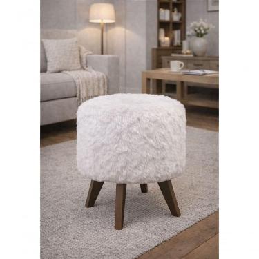 Imagem de Puff Pé Palito Redondo Não é Segredo Astracan Pelúcia Branco Pés Marrom 40x45