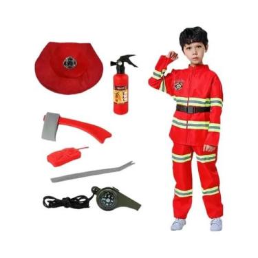 Imagem de Fantasia De Bombeiro Infantil Vermelha Com Faixas Refletivas, Conjunto