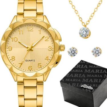 Imagem de relogio feminino dourado aço + caixa + colar + pulseira inoxidavel qua
