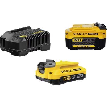 Imagem de Kit Bateria e Carregador Íons de Lítio 20 V MAX 2 Ah e 4 Ah Bivolt com Trilho Resistente e Indicador de Carga Stanley