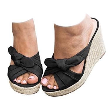 Imagem de Sandálias femininas plataforma espadrille anabela deslizante laço nó aberto dedos sem cadarço verão mules sapatos, Preto, 7