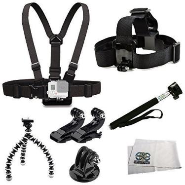 Imagem de O kit de acessórios inclui suporte de peito + suporte de cabeça + 2 suportes com ganchos em J + monopé de selfie + suporte + adaptador de tripé + pano de limpeza de microfibra para