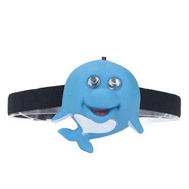Imagem de Lanterna LED para crianças para acampamento em forma de golfinho azul Eco Friendly plástico 2 modos de iluminação Lanterna de cabeça portátil alimentada por bateria Lanterna de cabeça para animais