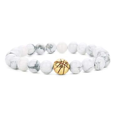 Imagem de Linsoir beads Pulseira de basquete moderna masculina com contas, pulseira elástica de pedra lavada/turquesa branca/pedra preta fosca, joia esportiva para amantes de basquete, 1 peça, 7.5 inches, Pedra