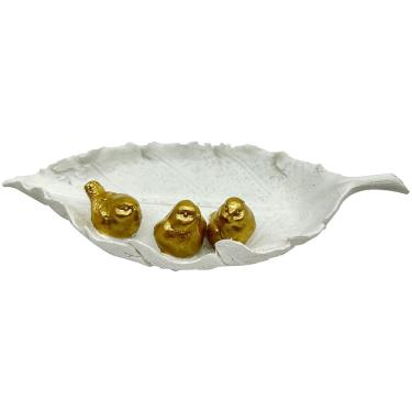 Imagem de Enfeite Foglia Doro mini folha em poliresina com pássaros L20,5xP9xA3,5cm cor branca e dourada