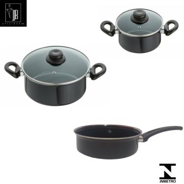 Imagem de Conjunto Panelas Preta Indução Cooktop Elétrico á gás 3 pçs
