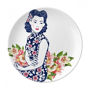 Imagem de Prato de mulher de flor azul decorativo de porcelana salver louça de jantar