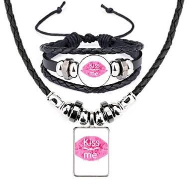 Imagem de Conjunto de joias de pulseira de couro Pink Lip Kiss Me Dia dos Namorados