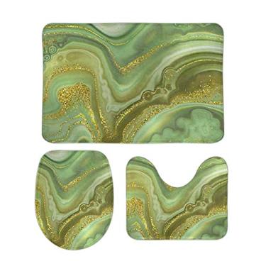 Imagem de Top Carpenter Conjunto de 3 peças antiderrapante de tapete de banheiro abstrato verde ônix mármore macio + tampa de vaso sanitário + tapete de banheiro decoração de banheiro