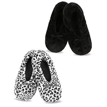 Imagem de Panda Bros 2 pares de chinelos femininos de bailarina, antiderrapante, confortável, quente, estilo balé, Leopardo preto e cinza, 8-10