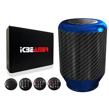 Imagem de ICBEAMER Botão de câmbio de alumínio azul com fibra de carbono de 6,35 cm, ajuste automático e veículos de transmissão manual de 4, 5 e 6 velocidades, alavanca de câmbio de engrenagem do carro interior peças de reposição automotivas