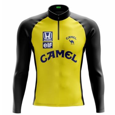 Imagem de Camisa de Ciclismo Masculina Manga Preta e Amarela Proteção UV Slim Confortável Pro Bike (BR, Alfa, 3G, Regular, Camel)