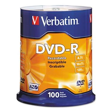 Imagem de Disco gravável Verbatim de 4,7 GB até 16x DVD-R 100-Disc Spindle 95102, Prata, 100Pk Spindle