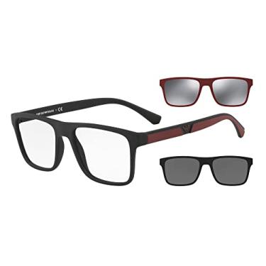 Imagem de Emporio Armani Armação masculina Ea4115f Low Bridge Fit com dois clipes de sol intercambiáveis retangulares, Preto fosco/transparente/cinza/espelhado, 54 mm