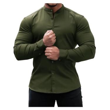 Imagem de Camisa masculina casual cor sólida abotoada atlética gola alta slim fit manga longa, Verde militar, G