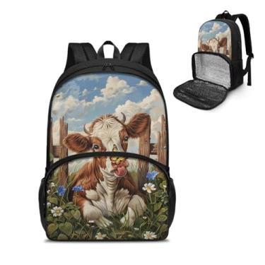 Imagem de Tomeusey Mochila térmica para almoço com compartimento para refeições, mochila casual de caminhada com bolsos laterais para garrafa, Floral de gado
