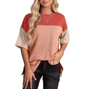 Imagem de EVALESS Camisetas femininas de verão com gola redonda e gola redonda Color Block Camiseta leve, B Vermelho coral, M