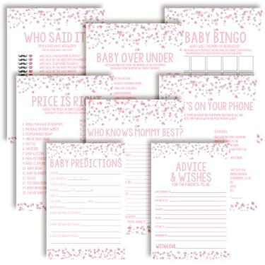 Imagem de Conjunto de 8 jogos de chá de bebê rosa e prata Twinkle Little Star Girl 80 cartões frente e verso para 20 convidados. Bingo de chá de bebê, previsões e atividades para convidados. Tema de chá de bebê