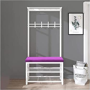 Imagem de Banco de entrada com cabideiro, banco de armazenamento de árvore 3 em 1, cabideiro, banco de sapatos com ganchos, sapateira, almofada de veludo, fácil de montar