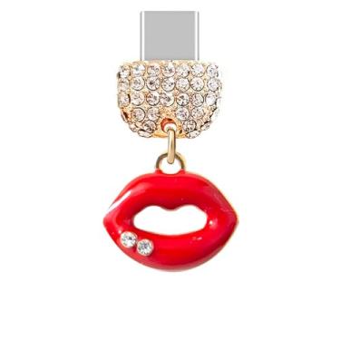 Imagem de ELISE & FONDA TP280 Tipo-C Porta de Carregamento Cristal Antipoeira Plug Little Kiss Lip Celular Berloque para Samsung/OnePlus/Xiaomi/Oppo Android iPhone 15/16 (Vermelho), approx.1.7 cm (L) x 0.4 cm