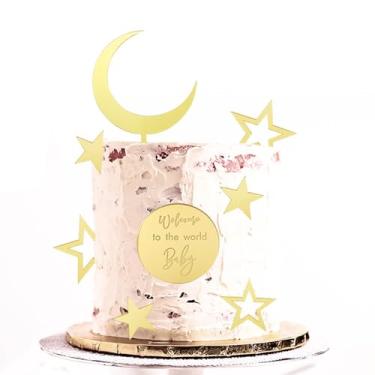 Imagem de YXCute 9pcs/set Gold Acrylic Moon Stars Birthday Cake Topper Welcome to the World Cupcake Topper for New Baby Birthday Party Cake Decorations