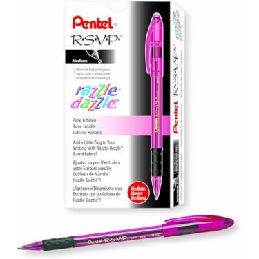 Imagem de Pentel Caneta esferográfica R.S.V.P. Razzle-Dazzle, linha média, barril rosa, tinta preta, caixa com 12 (BK91RDP-A)