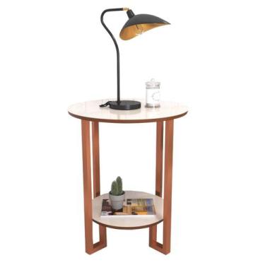 Imagem de Mesa De Apoio Redonda 2 Tampos Pés Cobre - Off-White/Freijó - RDS