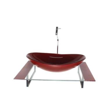 Imagem de Kit cuba de vidro oval com tampo 60cm vermelho cereja e suporte tornei