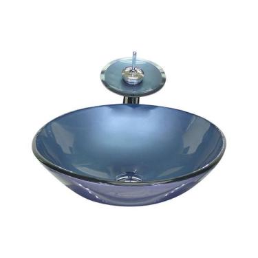 Imagem de Cuba de vidro redonda 35cm azul + valvula + torneira cascata - Cubas e