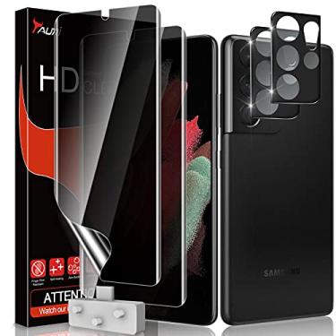 Imagem de TAURI [Pacote com 2 + 2] Compatível com Samsung Galaxy S21 Ultra 5G 6,8 polegadas, pacote com 2 películas de TPU flexíveis + 2 películas protetoras de lente de câmera com suporte para impressão digital e desbloquear sem bolhas