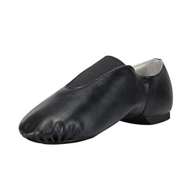 Imagem de Linodes Tênis de dança de jazz de couro PU com elástico para meninas e meninos (bebês/crianças pequenas/crianças grandes), Preto, 9.5 Toddler
